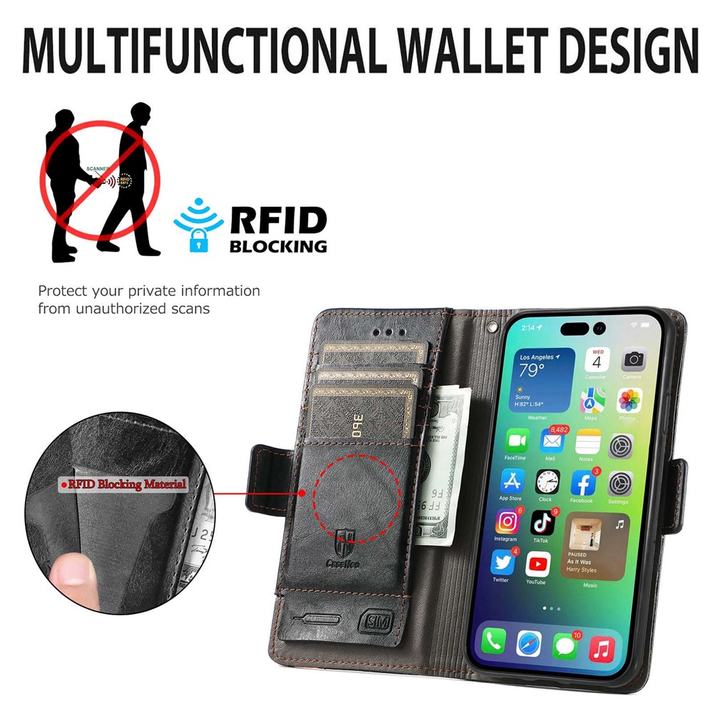 CASENEO 002 Series for iPhone 14 6.1 inch Stand Wallet Leather Phone Case Business Style Splicing RFID Blocking Protective Cover - Black-7