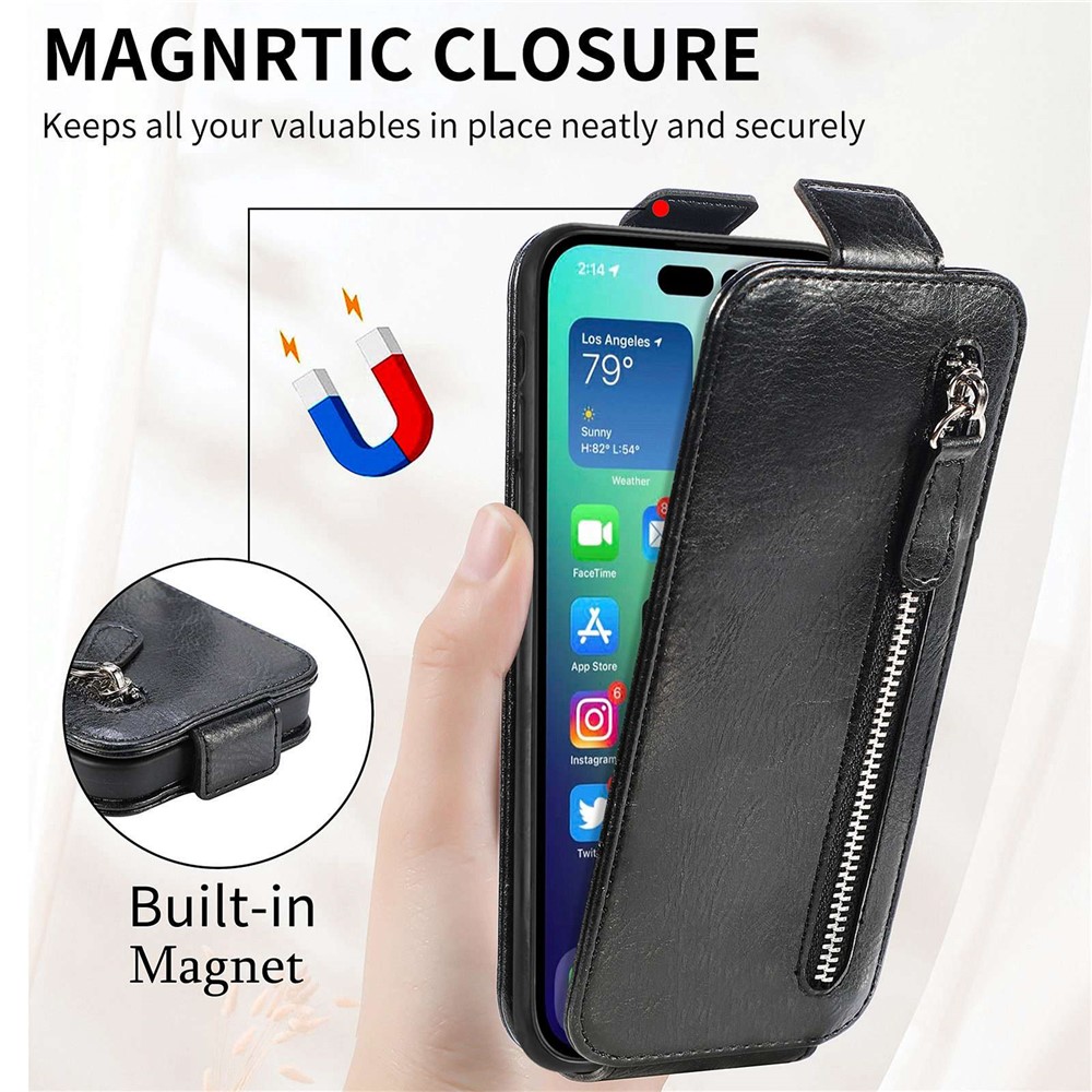 For iPhone 14 6.1 inch Zipper Wallet Magnetic Closure Phone Case PU Leather Vertical Flip Stand Cover - Black-5