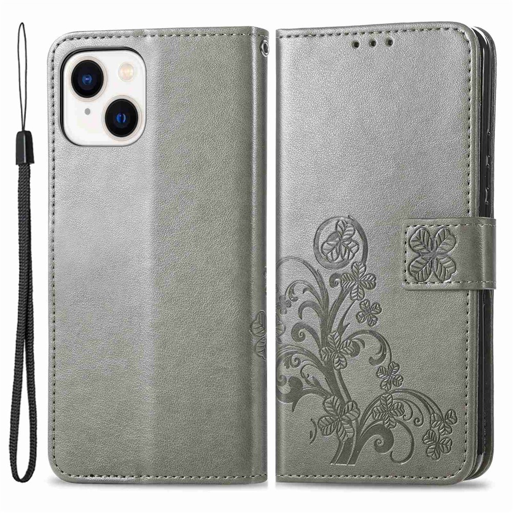 Four-leaf Clover Pattern Imprinted Case for iPhone 14 6.1 inch, Wallet Stand PU Leather Magnetic Clasp Phone Cover with Strap - Grey-1