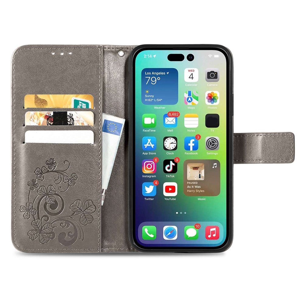 Four-leaf Clover Pattern Imprinted Case for iPhone 14 6.1 inch, Wallet Stand PU Leather Magnetic Clasp Phone Cover with Strap - Grey-2