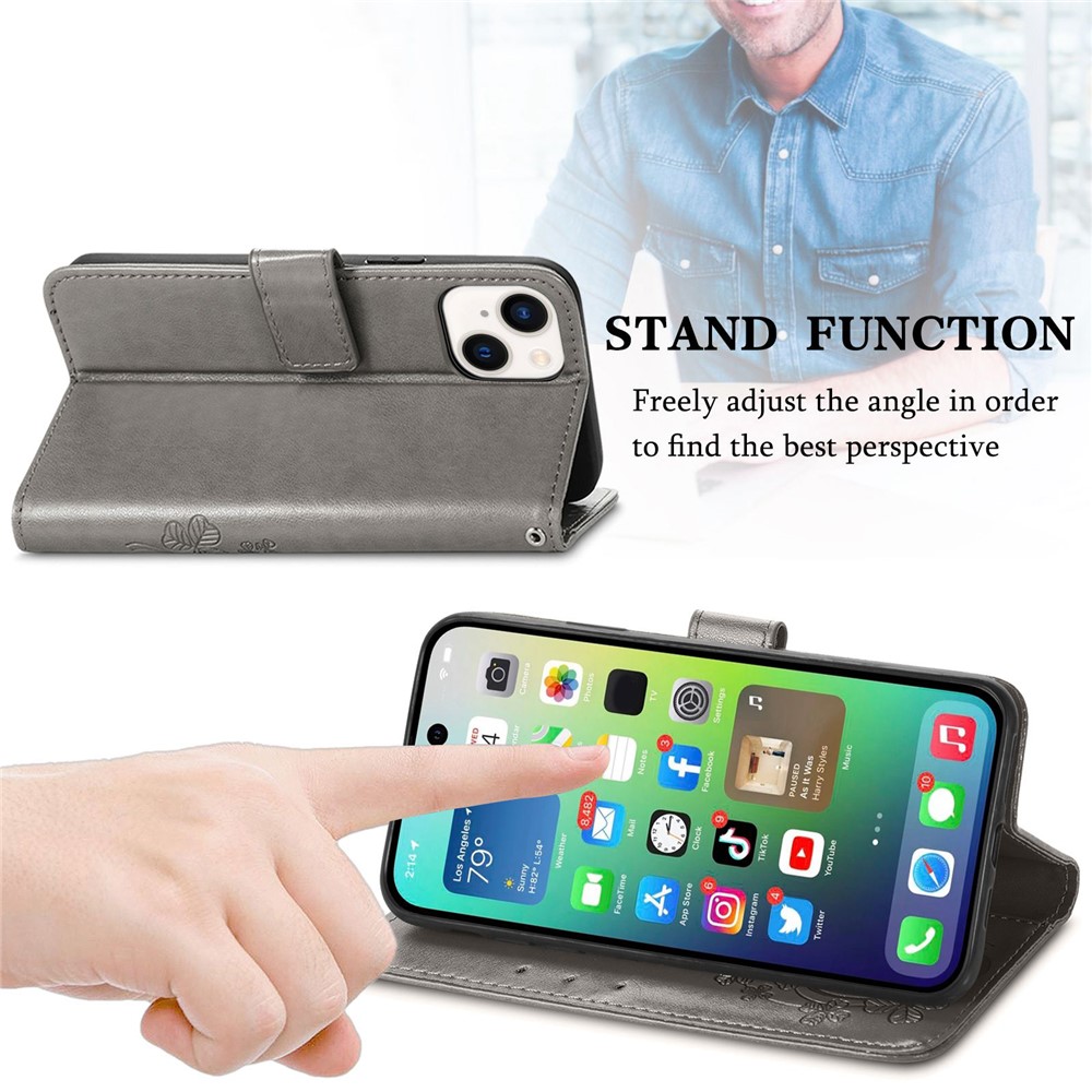 Four-leaf Clover Pattern Imprinted Case for iPhone 14 6.1 inch, Wallet Stand PU Leather Magnetic Clasp Phone Cover with Strap - Grey-4