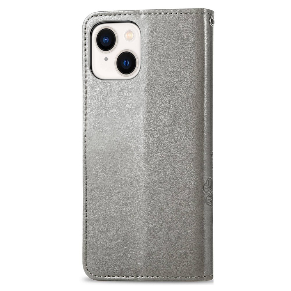 Four-leaf Clover Pattern Imprinted Case for iPhone 14 6.1 inch, Wallet Stand PU Leather Magnetic Clasp Phone Cover with Strap - Grey-7