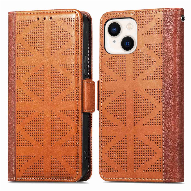 For iPhone 14 6.1 inch Cross Rhombus Imprinted Dual Magnetic Clasp Phone Case PU Leather Wallet Stand Cover - Brown-1
