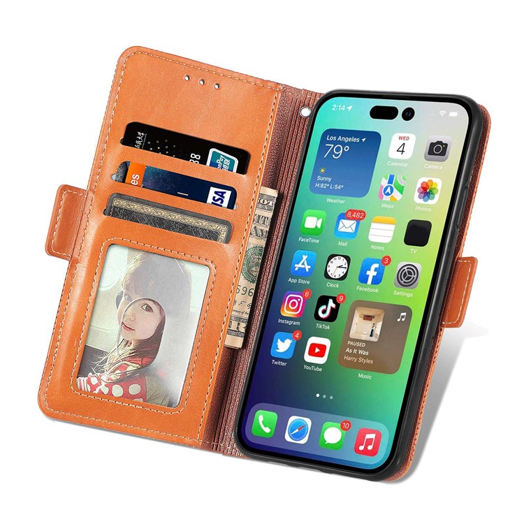 For iPhone 14 6.1 inch Cross Rhombus Imprinted Dual Magnetic Clasp Phone Case PU Leather Wallet Stand Cover - Brown-2