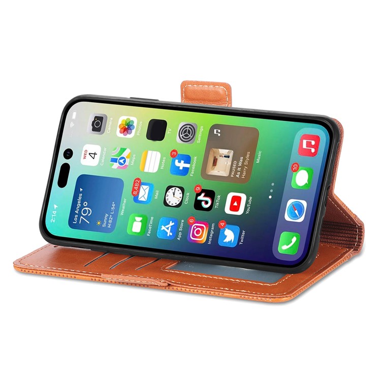 For iPhone 14 6.1 inch Cross Rhombus Imprinted Dual Magnetic Clasp Phone Case PU Leather Wallet Stand Cover - Brown-3
