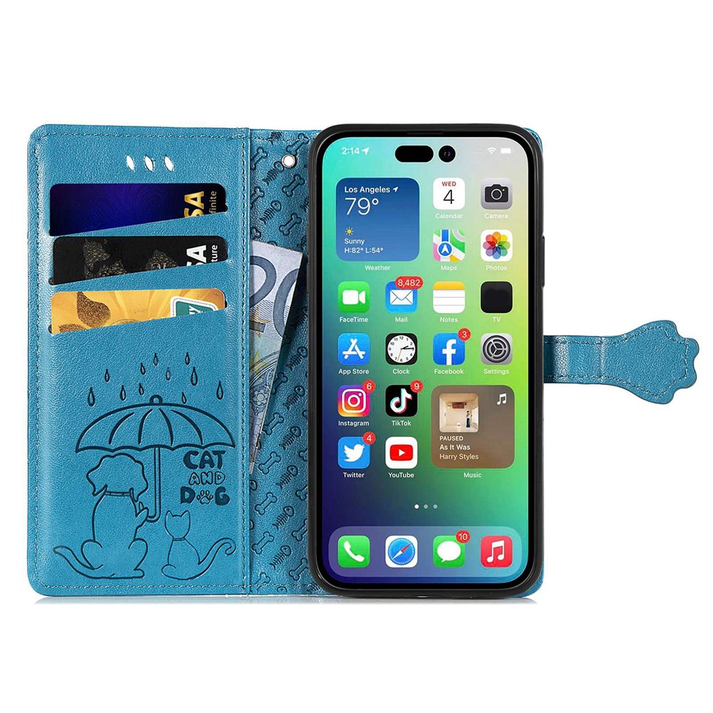 Imprinted Cat Dog Pattern Phone Cover for iPhone 14 6.1 inch, PU Leather + TPU All-round Protection Wallet Stand Case - Blue-2