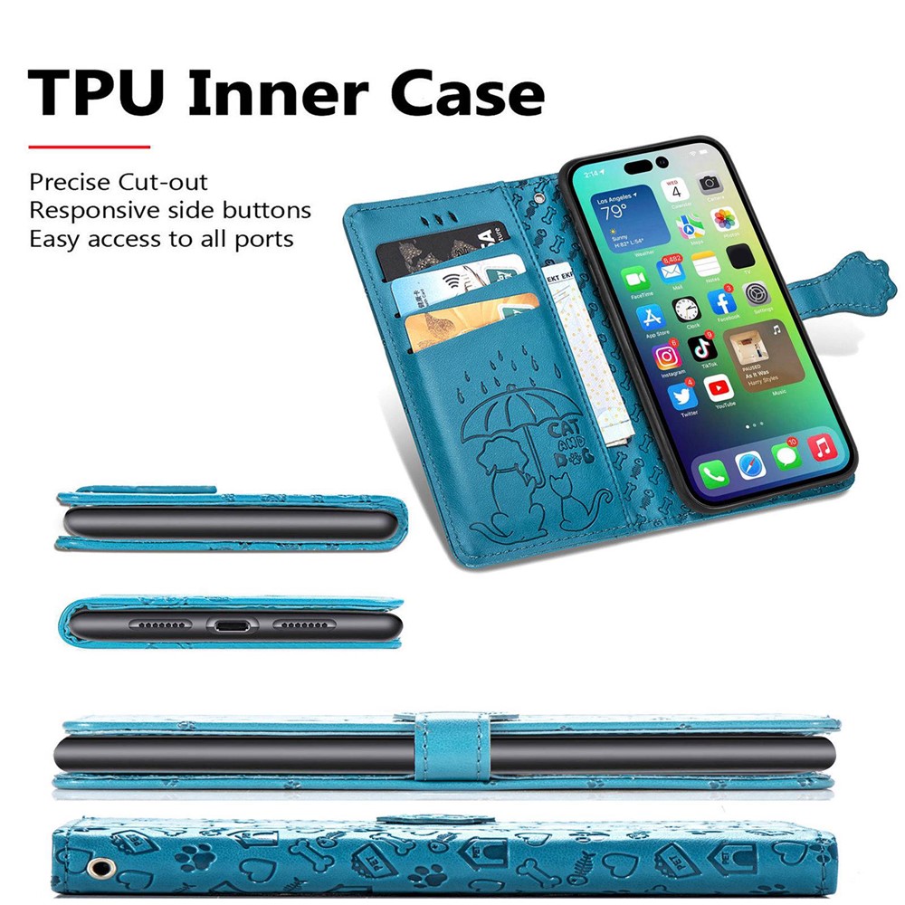 Imprinted Cat Dog Pattern Phone Cover for iPhone 14 6.1 inch, PU Leather + TPU All-round Protection Wallet Stand Case - Blue-4