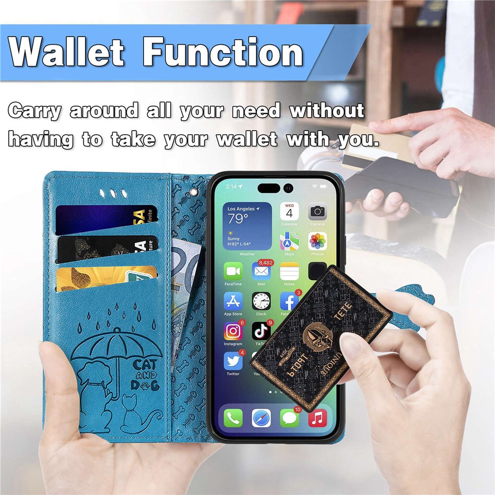 Imprinted Cat Dog Pattern Phone Cover for iPhone 14 6.1 inch, PU Leather + TPU All-round Protection Wallet Stand Case - Blue-5