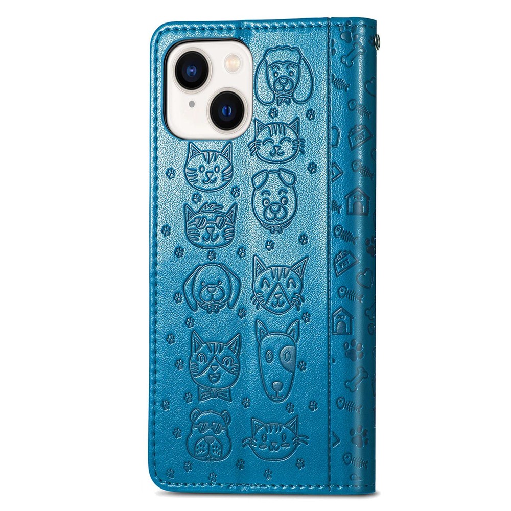 Imprinted Cat Dog Pattern Phone Cover for iPhone 14 6.1 inch, PU Leather + TPU All-round Protection Wallet Stand Case - Blue-8