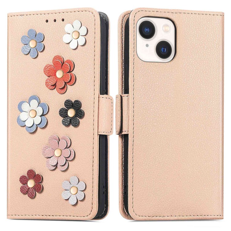 For iPhone 14 6.1 inch Flower Decor Phone Cover PU Leather Wallet Stand Full Protection Inner TPU Case - Khaki-1