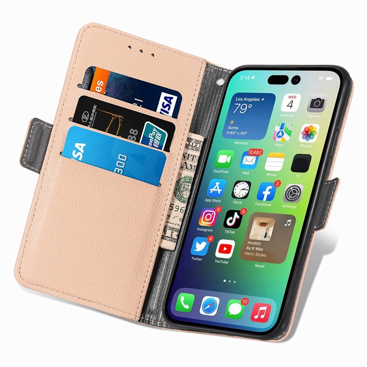 For iPhone 14 6.1 inch Flower Decor Phone Cover PU Leather Wallet Stand Full Protection Inner TPU Case - Khaki-2