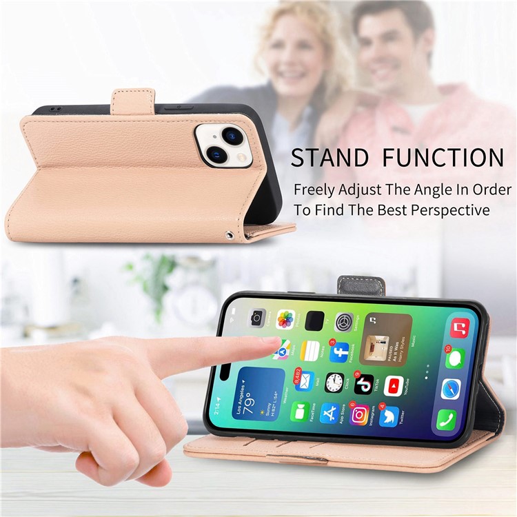 For iPhone 14 6.1 inch Flower Decor Phone Cover PU Leather Wallet Stand Full Protection Inner TPU Case - Khaki-6