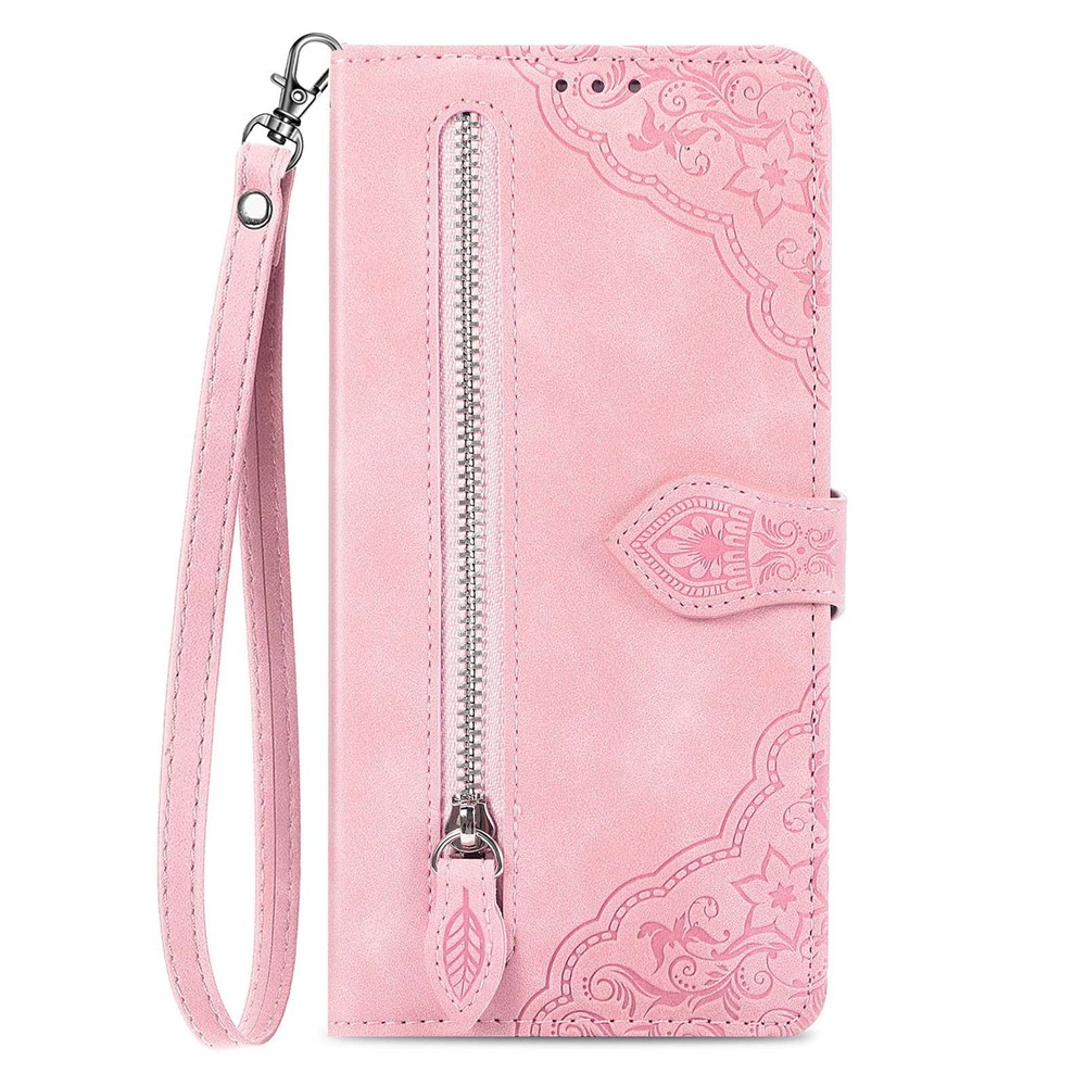 For iPhone 14 6.1 inch Zipper Pocket Imprinted Leather Phone Case Foldable Stand Wallet Flip Cover - Pink-10