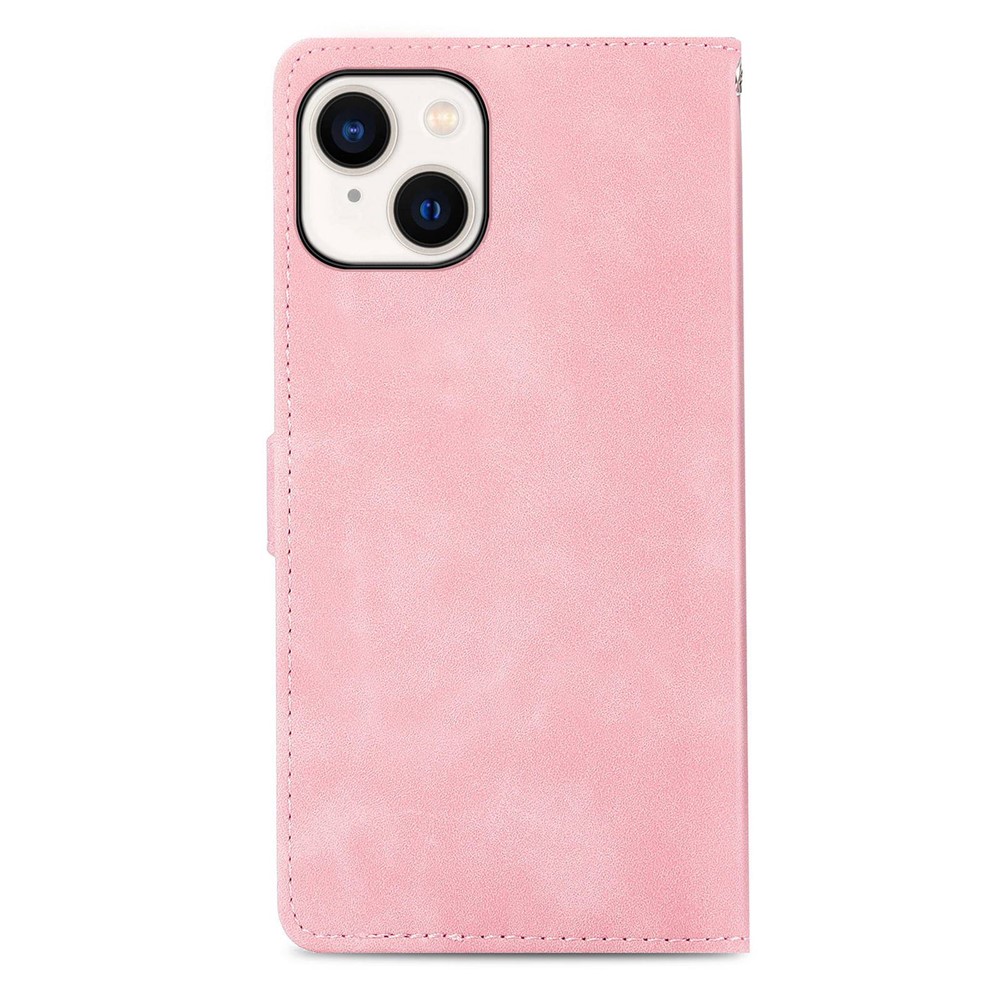 For iPhone 14 6.1 inch Zipper Pocket Imprinted Leather Phone Case Foldable Stand Wallet Flip Cover - Pink-11