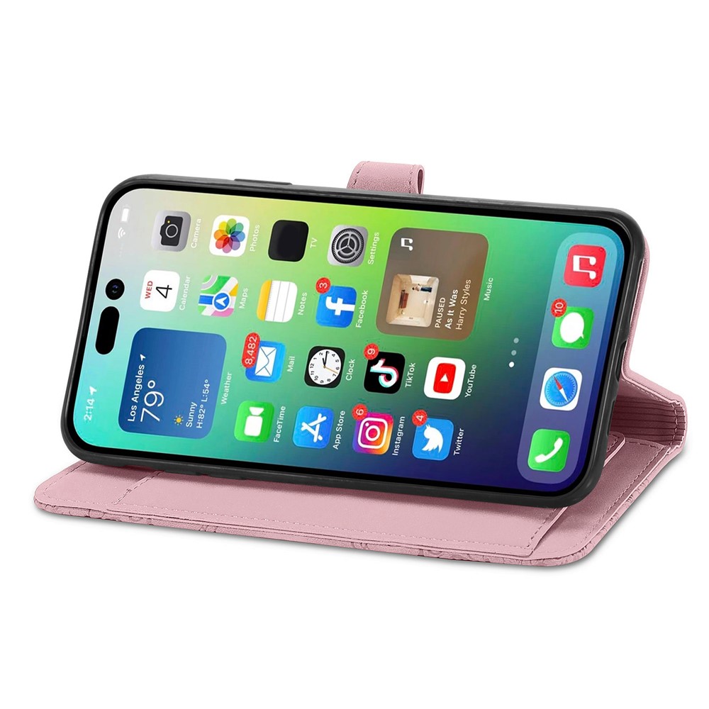 For iPhone 14 6.1 inch Zipper Pocket Imprinted Leather Phone Case Foldable Stand Wallet Flip Cover - Pink-2