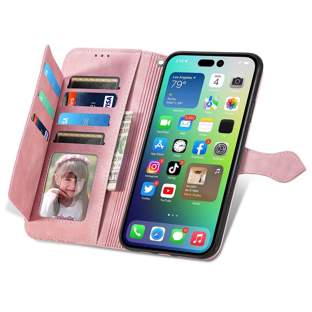 For iPhone 14 6.1 inch Zipper Pocket Imprinted Leather Phone Case Foldable Stand Wallet Flip Cover - Pink-3