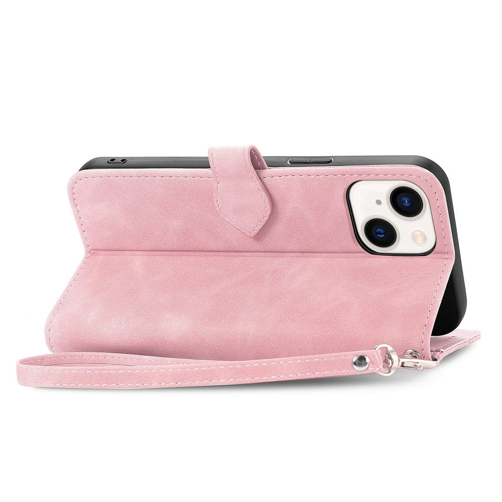 For iPhone 14 6.1 inch Zipper Pocket Imprinted Leather Phone Case Foldable Stand Wallet Flip Cover - Pink-4