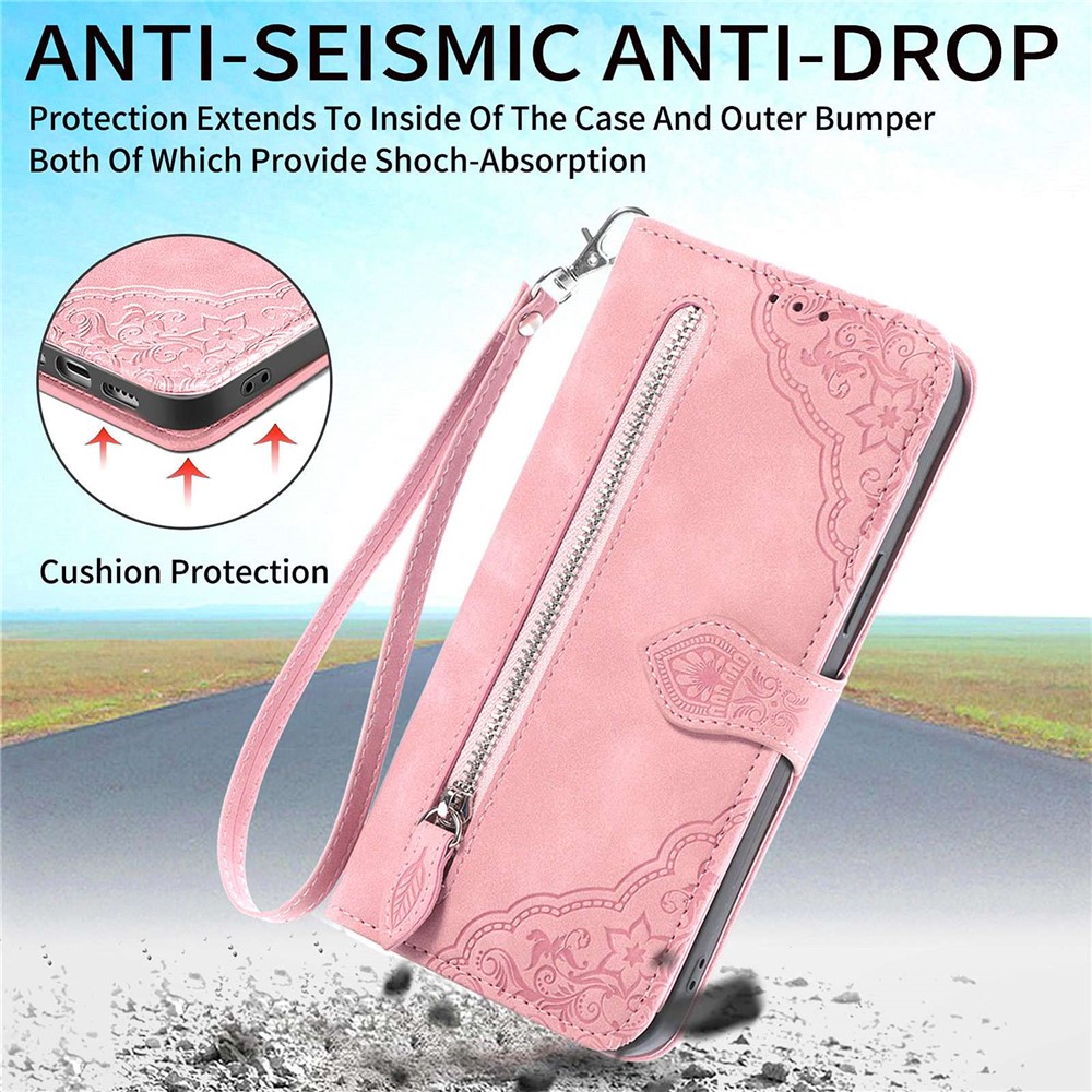 For iPhone 14 6.1 inch Zipper Pocket Imprinted Leather Phone Case Foldable Stand Wallet Flip Cover - Pink-6