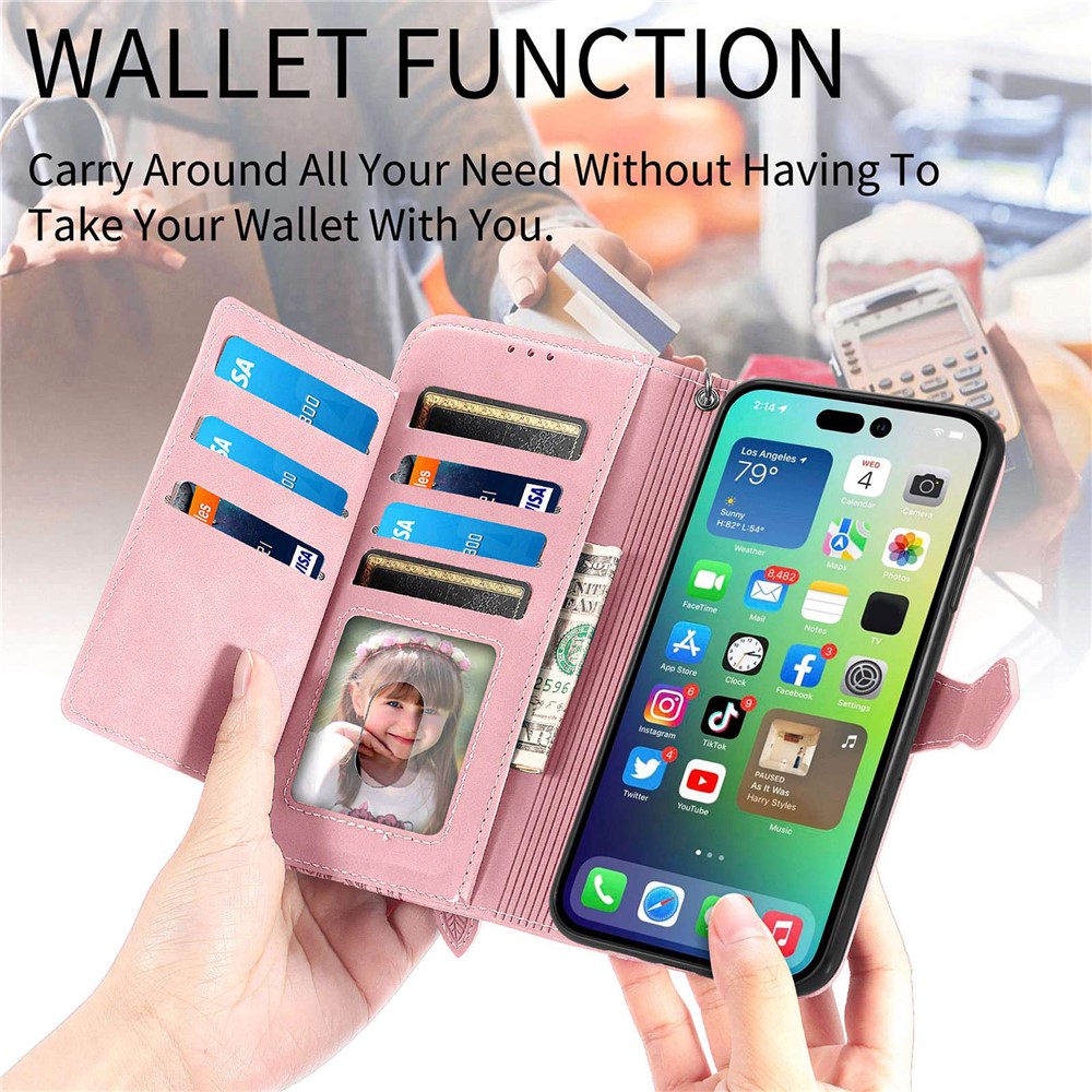 For iPhone 14 6.1 inch Zipper Pocket Imprinted Leather Phone Case Foldable Stand Wallet Flip Cover - Pink-7