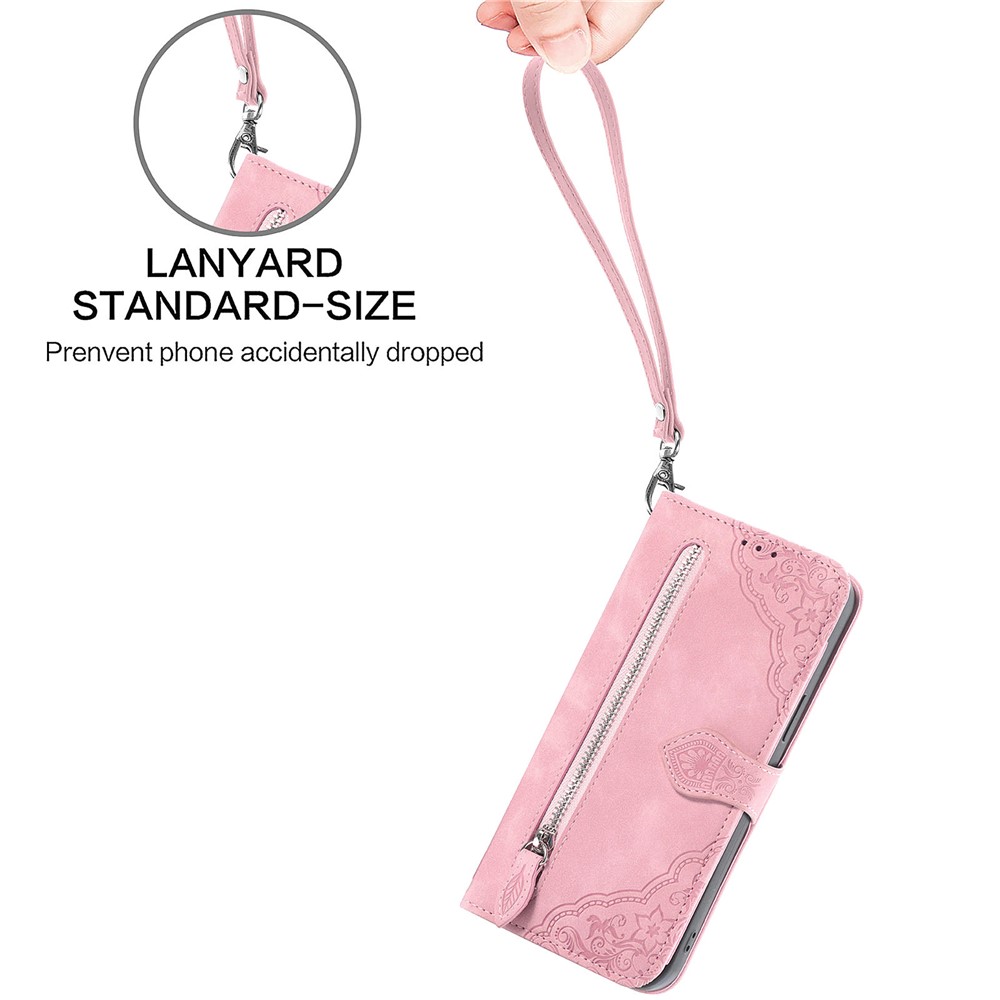 For iPhone 14 6.1 inch Zipper Pocket Imprinted Leather Phone Case Foldable Stand Wallet Flip Cover - Pink-8