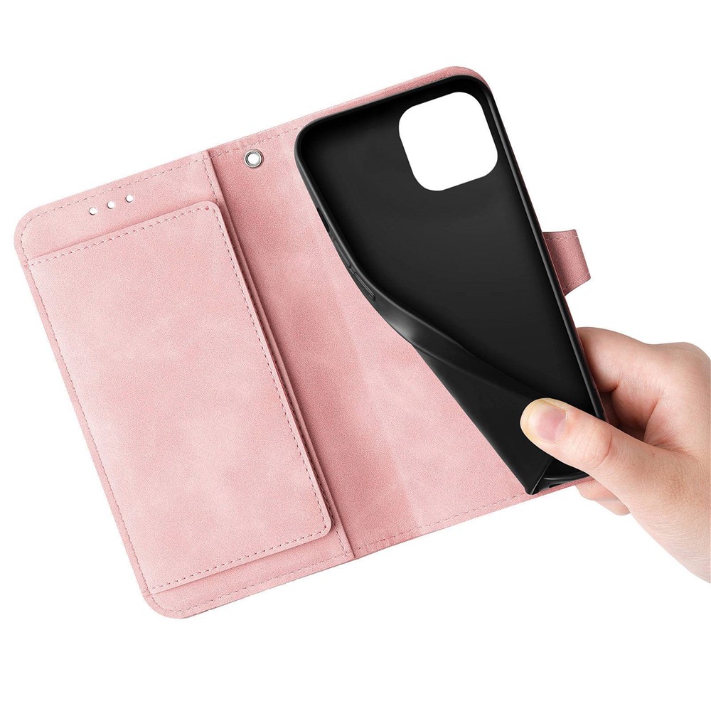 For iPhone 14 6.1 inch Zipper Pocket Imprinted Leather Phone Case Foldable Stand Wallet Flip Cover - Pink-9