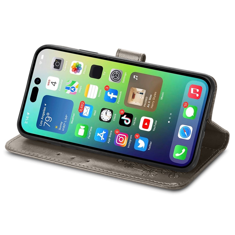 For iPhone 14 Pro 6.1 inch Wallet Folio Flip Phone Case Stand Four-leaf Clover Pattern Imprinted PU Leather TPU Cover with Strap - Grey-3