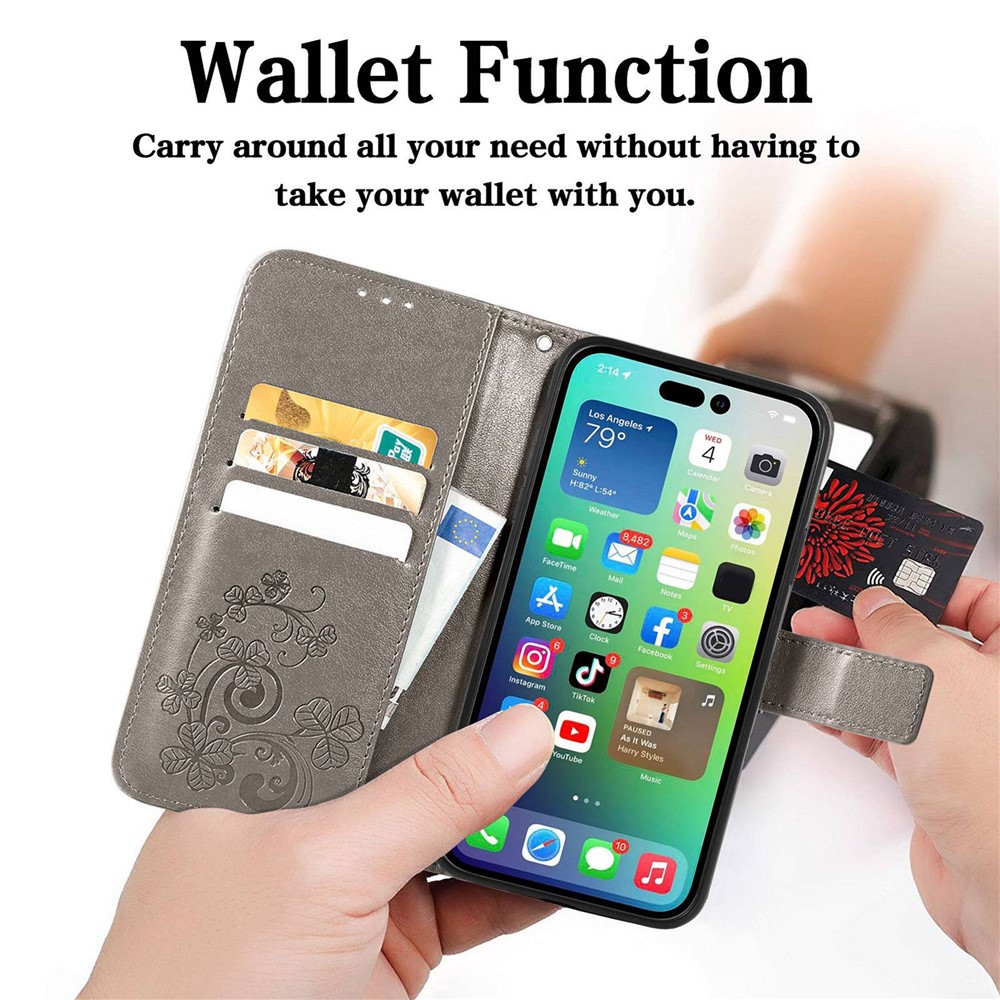 For iPhone 14 Pro 6.1 inch Wallet Folio Flip Phone Case Stand Four-leaf Clover Pattern Imprinted PU Leather TPU Cover with Strap - Grey-4