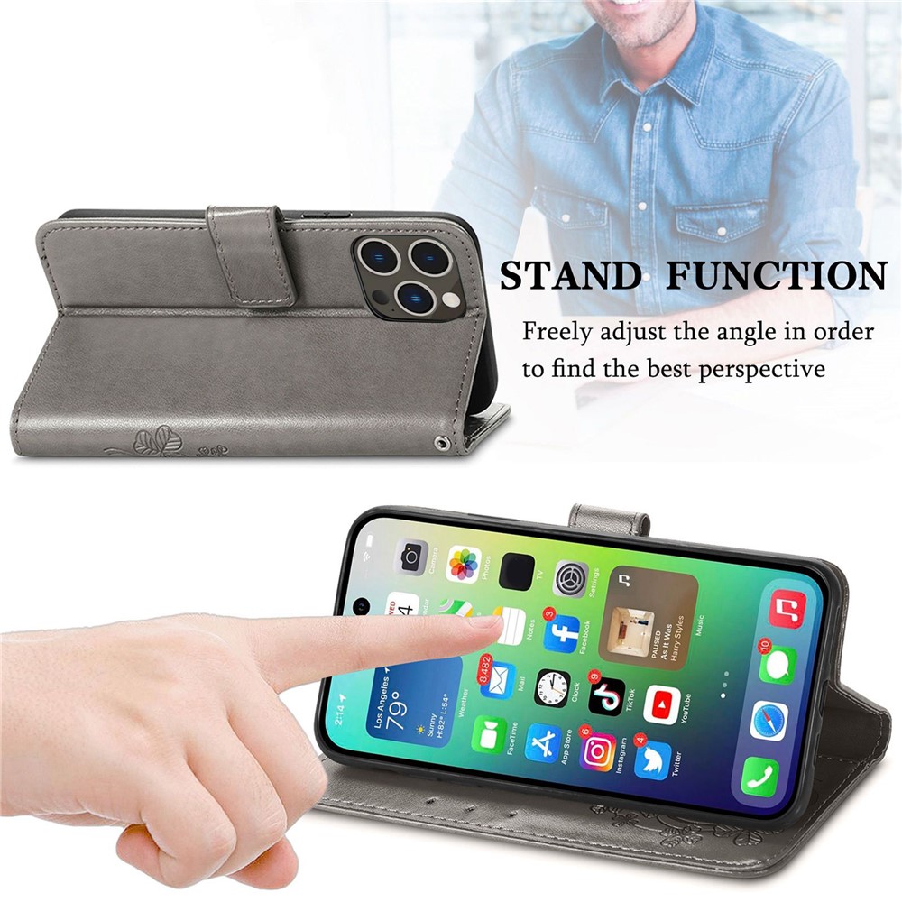 For iPhone 14 Pro 6.1 inch Wallet Folio Flip Phone Case Stand Four-leaf Clover Pattern Imprinted PU Leather TPU Cover with Strap - Grey-5
