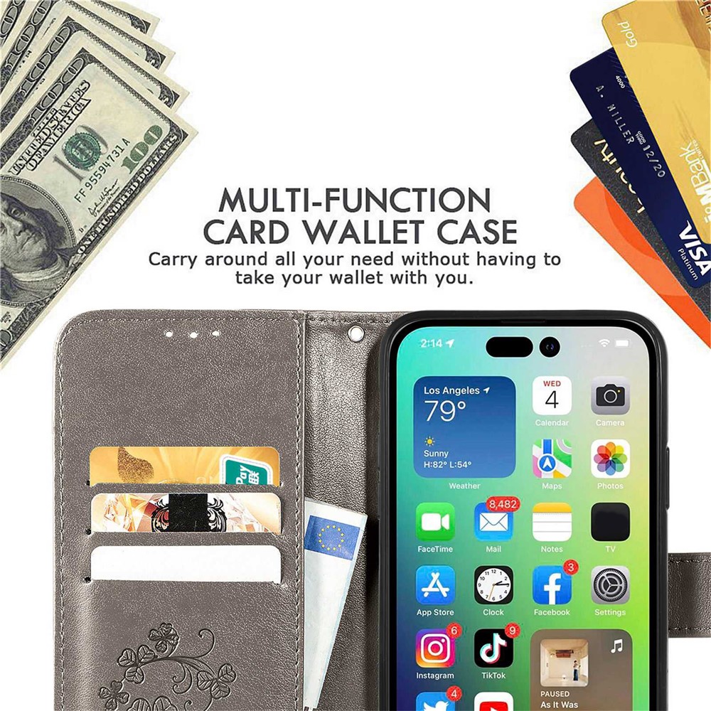 For iPhone 14 Pro 6.1 inch Wallet Folio Flip Phone Case Stand Four-leaf Clover Pattern Imprinted PU Leather TPU Cover with Strap - Grey-6