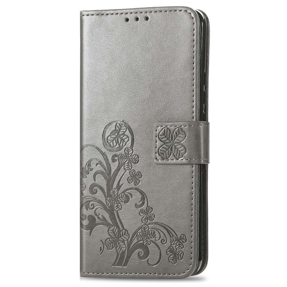 For iPhone 14 Pro 6.1 inch Wallet Folio Flip Phone Case Stand Four-leaf Clover Pattern Imprinted PU Leather TPU Cover with Strap - Grey-7