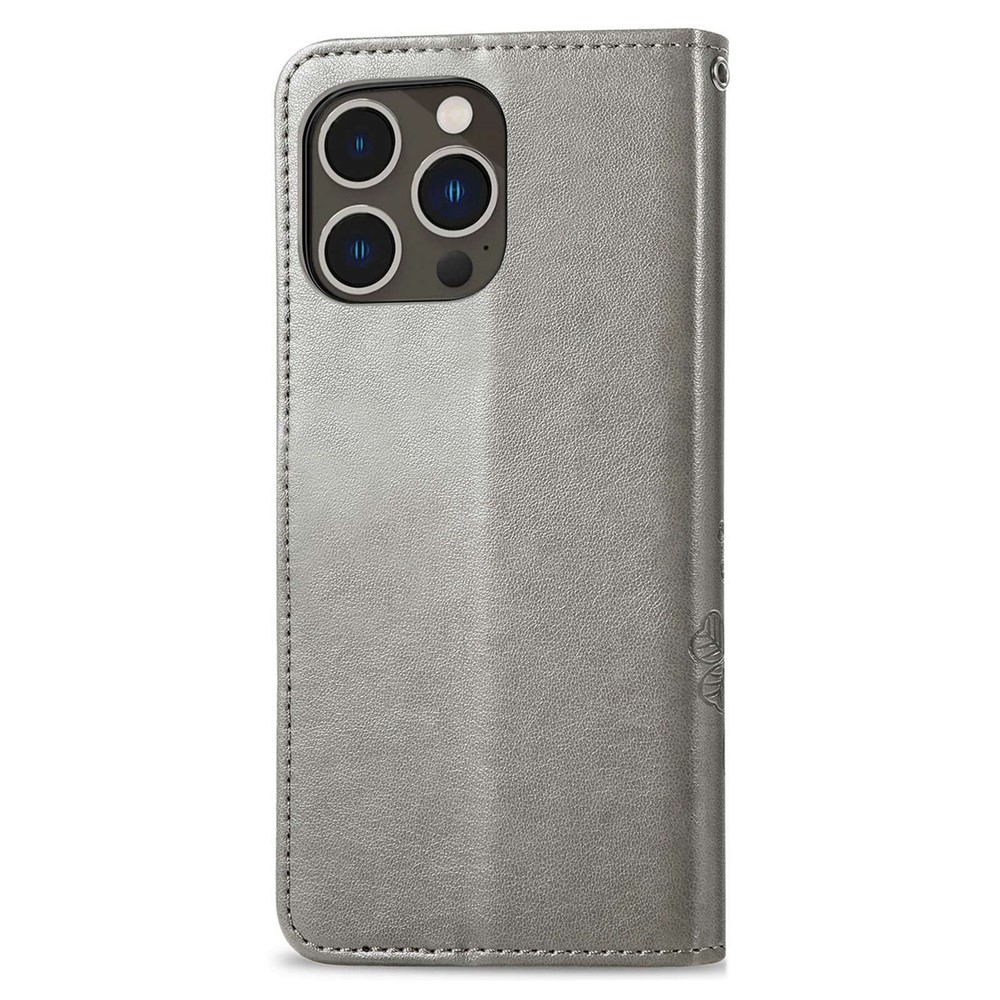 For iPhone 14 Pro 6.1 inch Wallet Folio Flip Phone Case Stand Four-leaf Clover Pattern Imprinted PU Leather TPU Cover with Strap - Grey-8