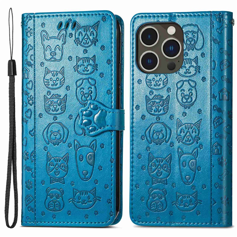 For iPhone 14 Pro 6.1 inch Imprinted Cat Dog Pattern PU Leather Case Drop-proof Protection Wallet Stand Phone Cover with Strap - Blue-1