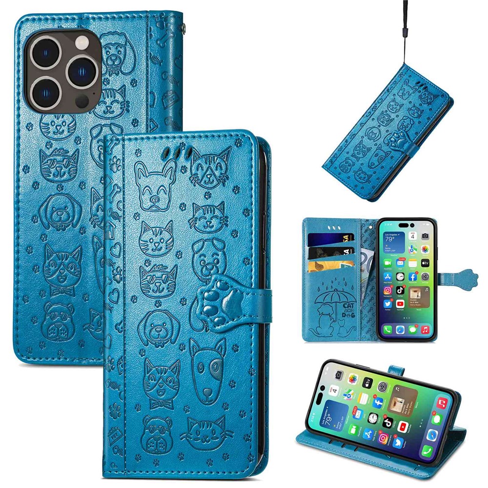 For iPhone 14 Pro 6.1 inch Imprinted Cat Dog Pattern PU Leather Case Drop-proof Protection Wallet Stand Phone Cover with Strap - Blue-7