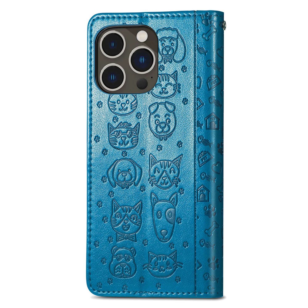 For iPhone 14 Pro 6.1 inch Imprinted Cat Dog Pattern PU Leather Case Drop-proof Protection Wallet Stand Phone Cover with Strap - Blue-9