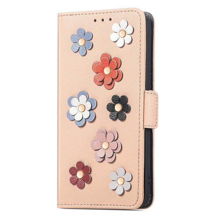 For iPhone 14 Pro 6.1 inch Flower Decor Side Magnetic Clasp Phone Cover Stand PU Leather Wallet Case - Khaki-10