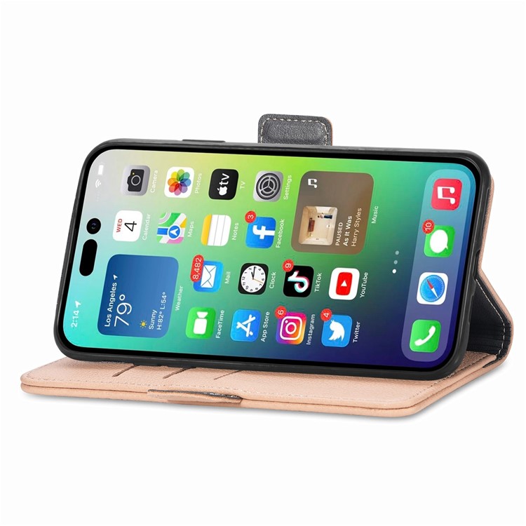 For iPhone 14 Pro 6.1 inch Flower Decor Side Magnetic Clasp Phone Cover Stand PU Leather Wallet Case - Khaki-3