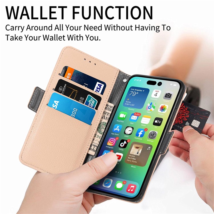 For iPhone 14 Pro 6.1 inch Flower Decor Side Magnetic Clasp Phone Cover Stand PU Leather Wallet Case - Khaki-4