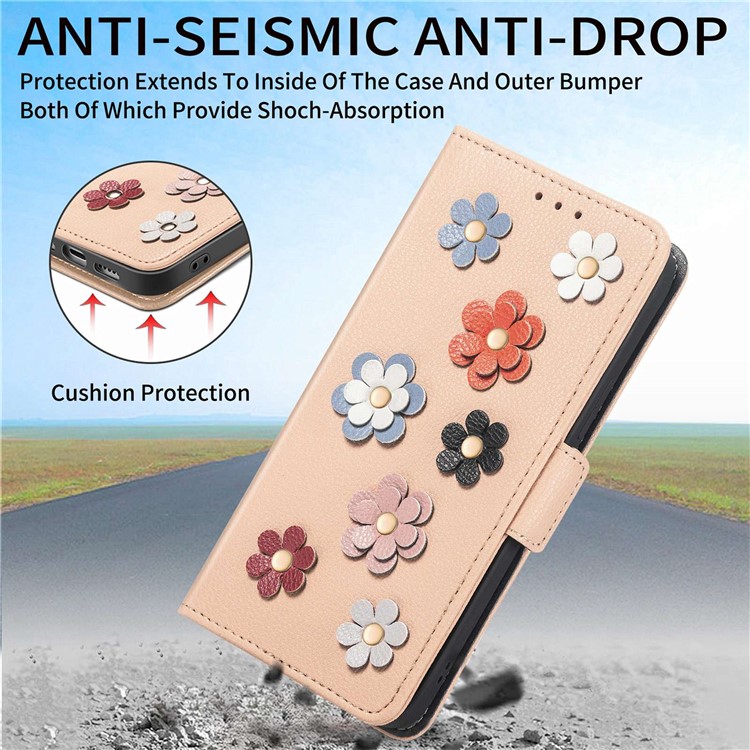 For iPhone 14 Pro 6.1 inch Flower Decor Side Magnetic Clasp Phone Cover Stand PU Leather Wallet Case - Khaki-5