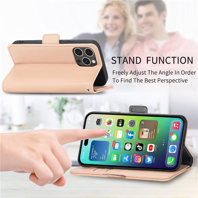 For iPhone 14 Pro 6.1 inch Flower Decor Side Magnetic Clasp Phone Cover Stand PU Leather Wallet Case - Khaki-6
