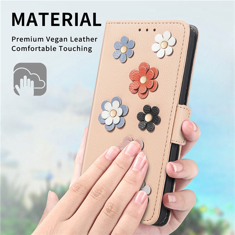 For iPhone 14 Pro 6.1 inch Flower Decor Side Magnetic Clasp Phone Cover Stand PU Leather Wallet Case - Khaki-7