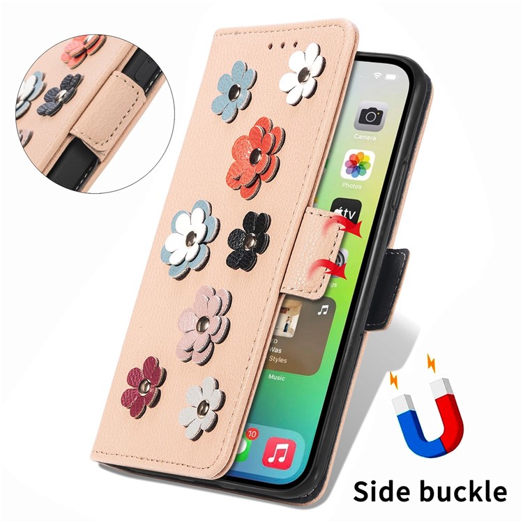 For iPhone 14 Pro 6.1 inch Flower Decor Side Magnetic Clasp Phone Cover Stand PU Leather Wallet Case - Khaki-8
