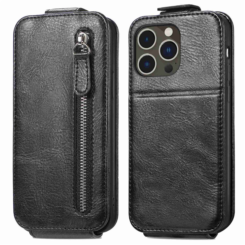 Vertical Flip Zipper Wallet Case for iPhone 14 Pro Max 6.7 inch, PU Leather Stand Phone Cover with Built-in Metal Sheet - Black-1