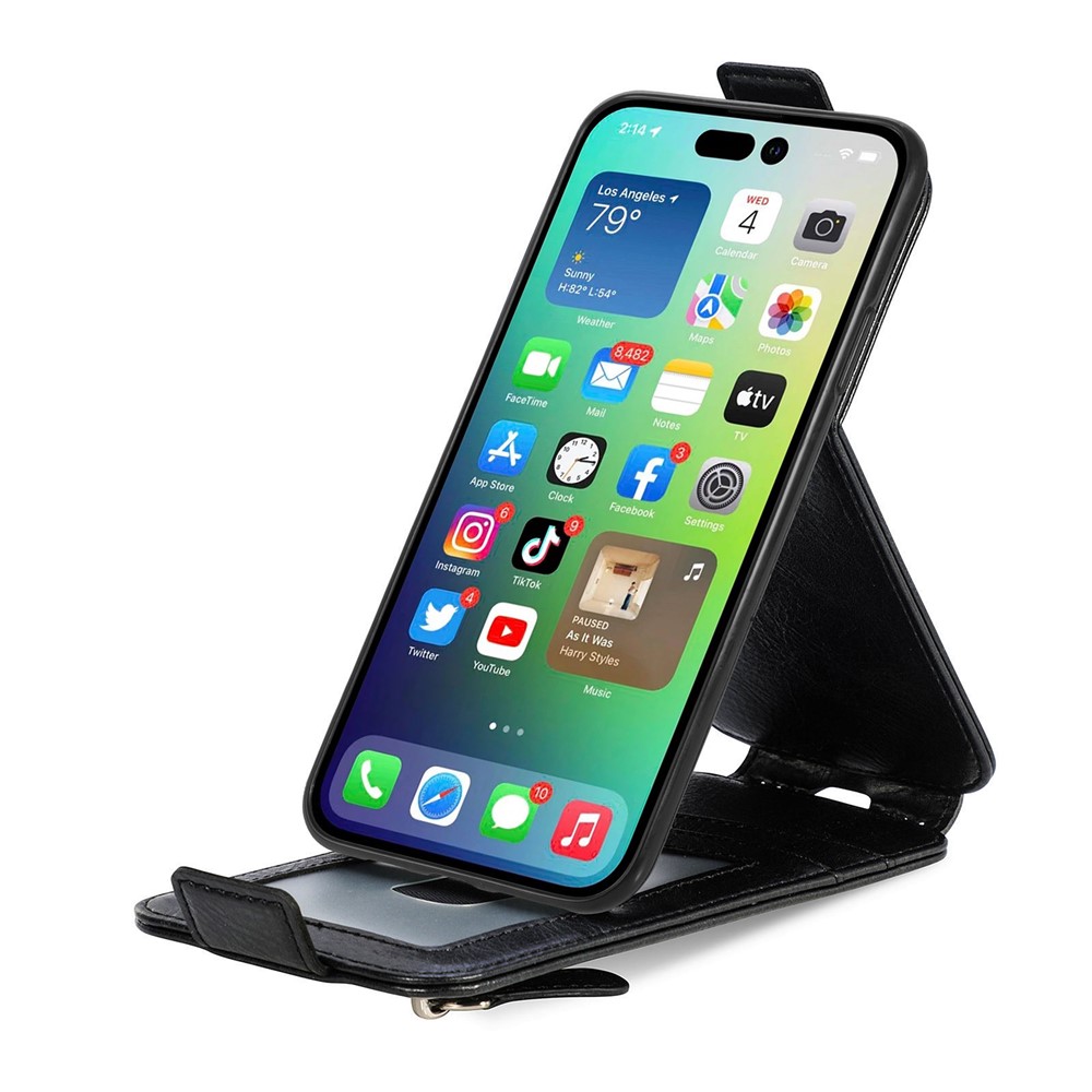 Vertical Flip Zipper Wallet Case for iPhone 14 Pro Max 6.7 inch, PU Leather Stand Phone Cover with Built-in Metal Sheet - Black-2