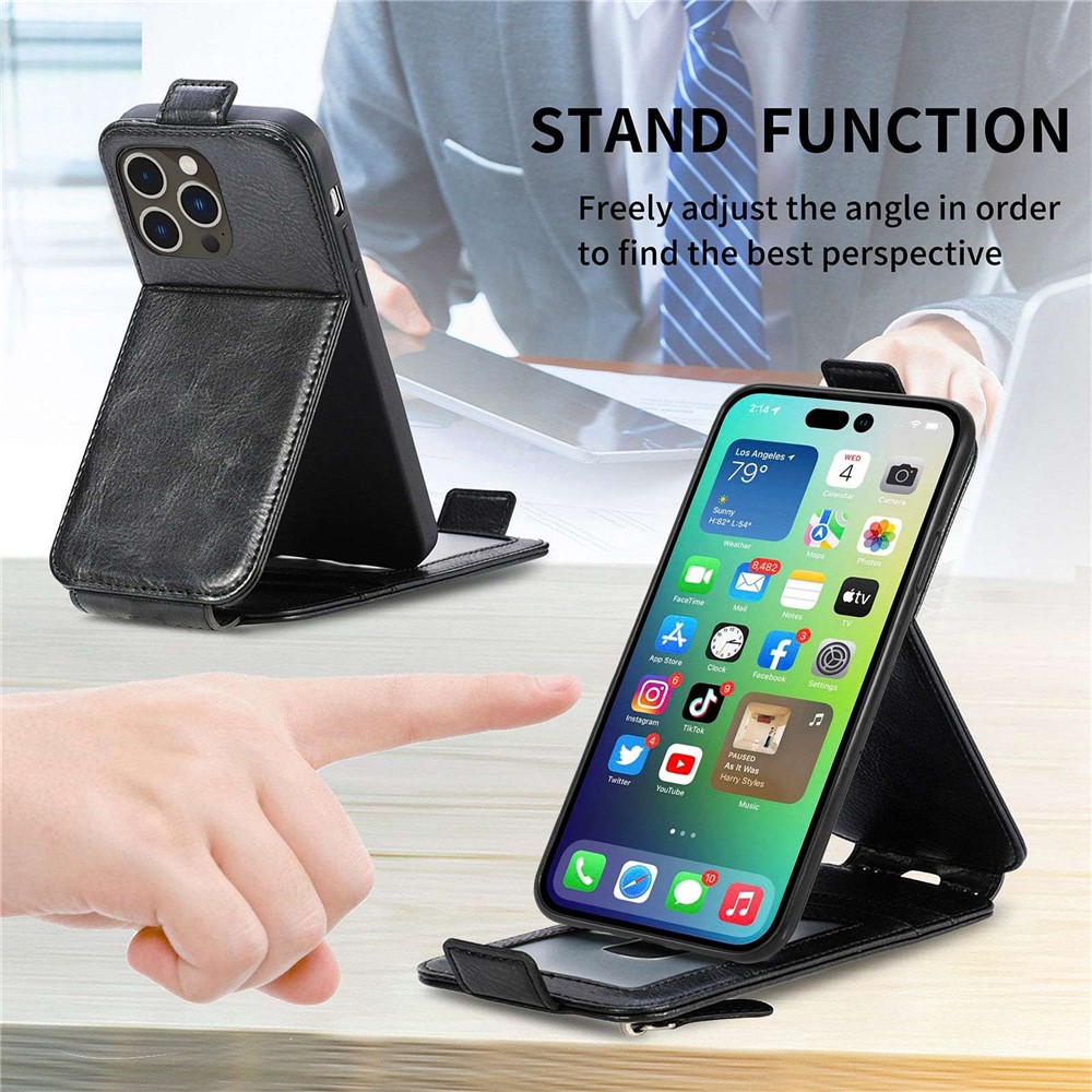 Vertical Flip Zipper Wallet Case for iPhone 14 Pro Max 6.7 inch, PU Leather Stand Phone Cover with Built-in Metal Sheet - Black-4