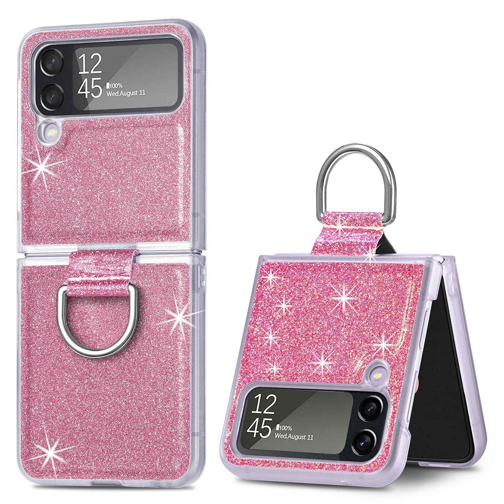 For Samsung Galaxy Z Flip4 5G Anti-drop Glitter Sequins Phone Cover with Ring Holder One-piece Hard Cell Phone Folding Case - Pink-1
