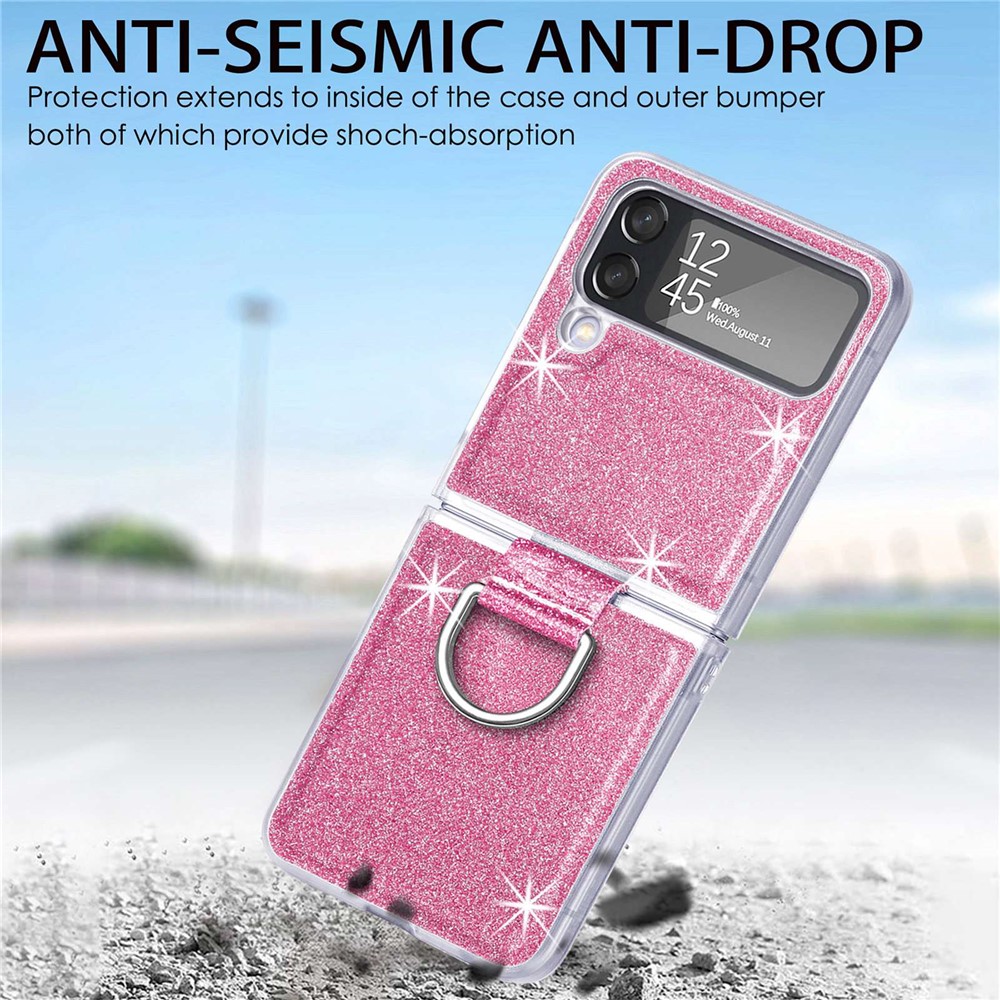 For Samsung Galaxy Z Flip4 5G Anti-drop Glitter Sequins Phone Cover with Ring Holder One-piece Hard Cell Phone Folding Case - Pink-13