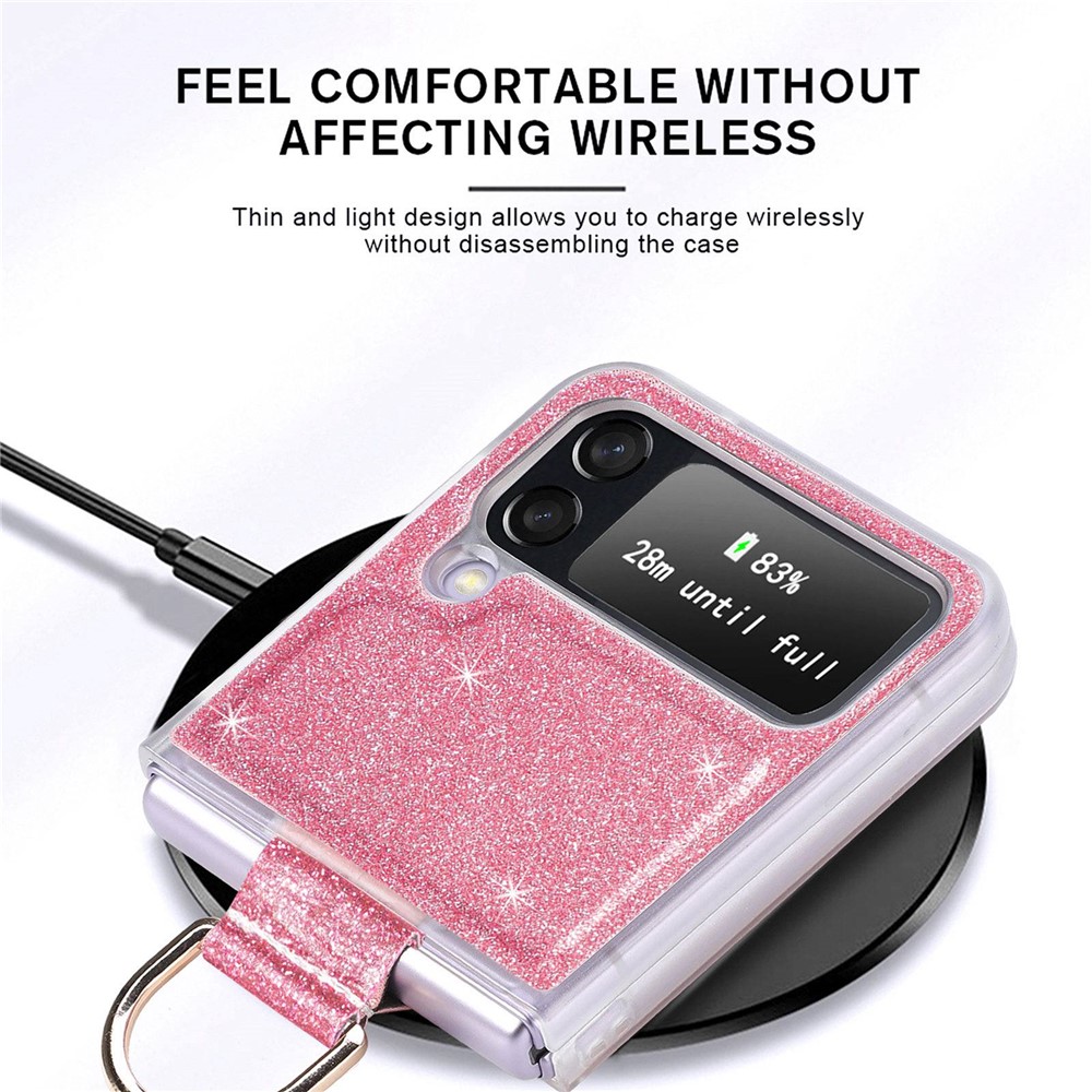 For Samsung Galaxy Z Flip4 5G Anti-drop Glitter Sequins Phone Cover with Ring Holder One-piece Hard Cell Phone Folding Case - Pink-14