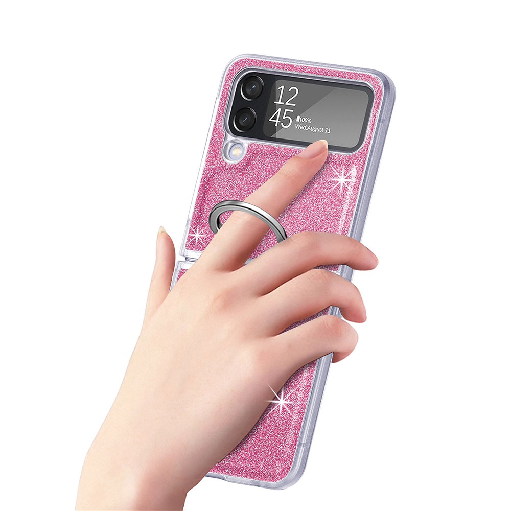 For Samsung Galaxy Z Flip4 5G Anti-drop Glitter Sequins Phone Cover with Ring Holder One-piece Hard Cell Phone Folding Case - Pink-9