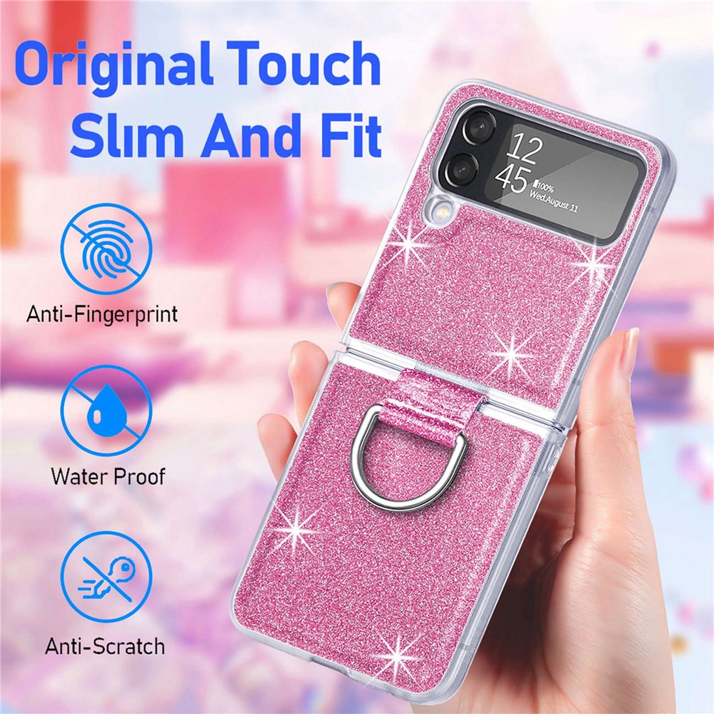 For Samsung Galaxy Z Flip4 5G Anti-drop Glitter Sequins Phone Cover with Ring Holder One-piece Hard Cell Phone Folding Case - Pink-11