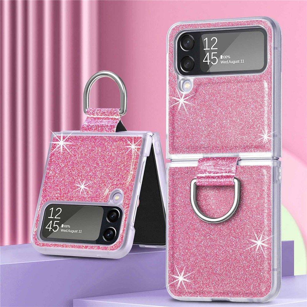 For Samsung Galaxy Z Flip4 5G Anti-drop Glitter Sequins Phone Cover with Ring Holder One-piece Hard Cell Phone Folding Case - Pink-12